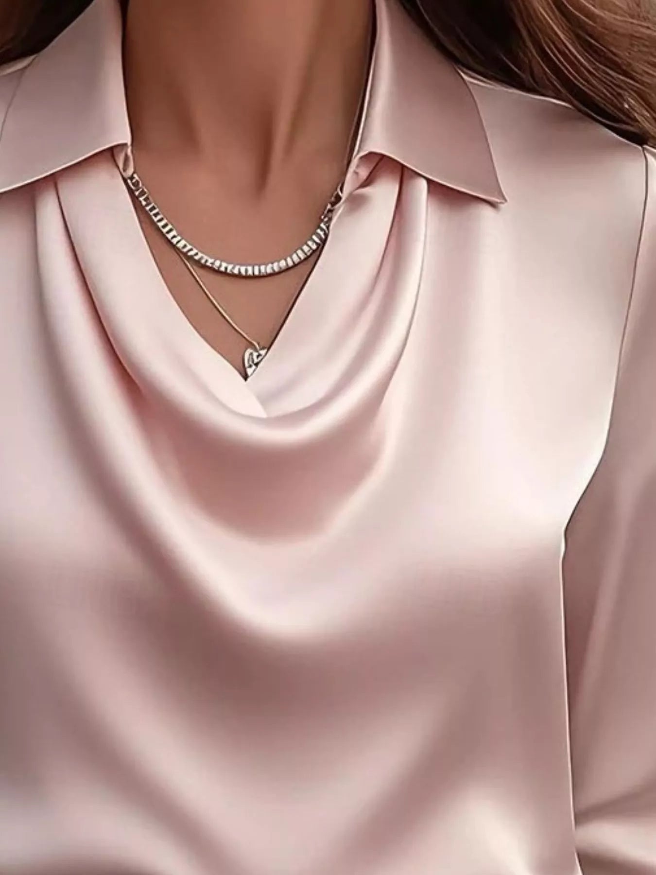 Ruched Long Sleeve Drape Collar Blouse