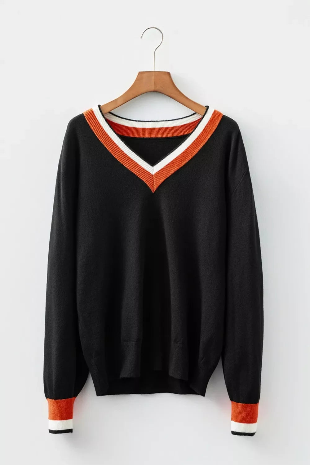 Contrast Striped Trim V Neck Varsity Sweater