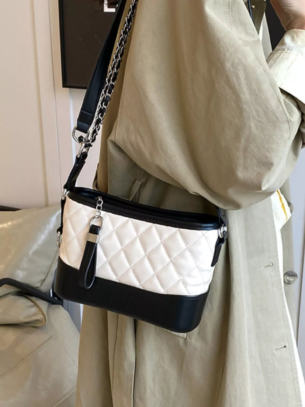 Quilted Bucket Crossbody Bag with Chain Strap