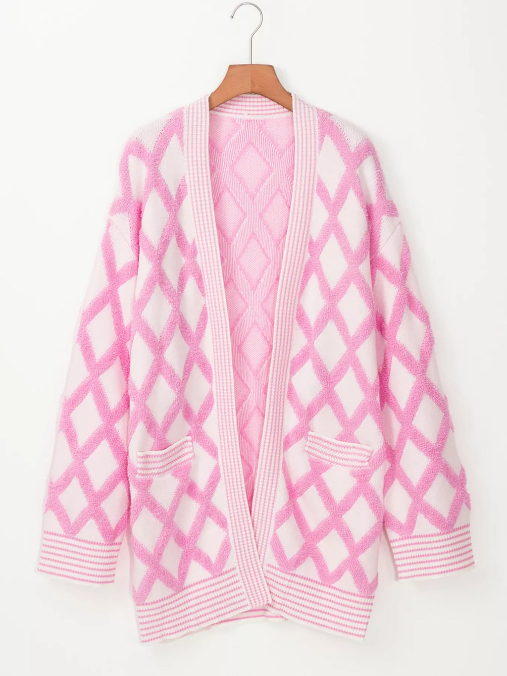 Rhombus Pattern Knit Open Front Pocketed Cardigans