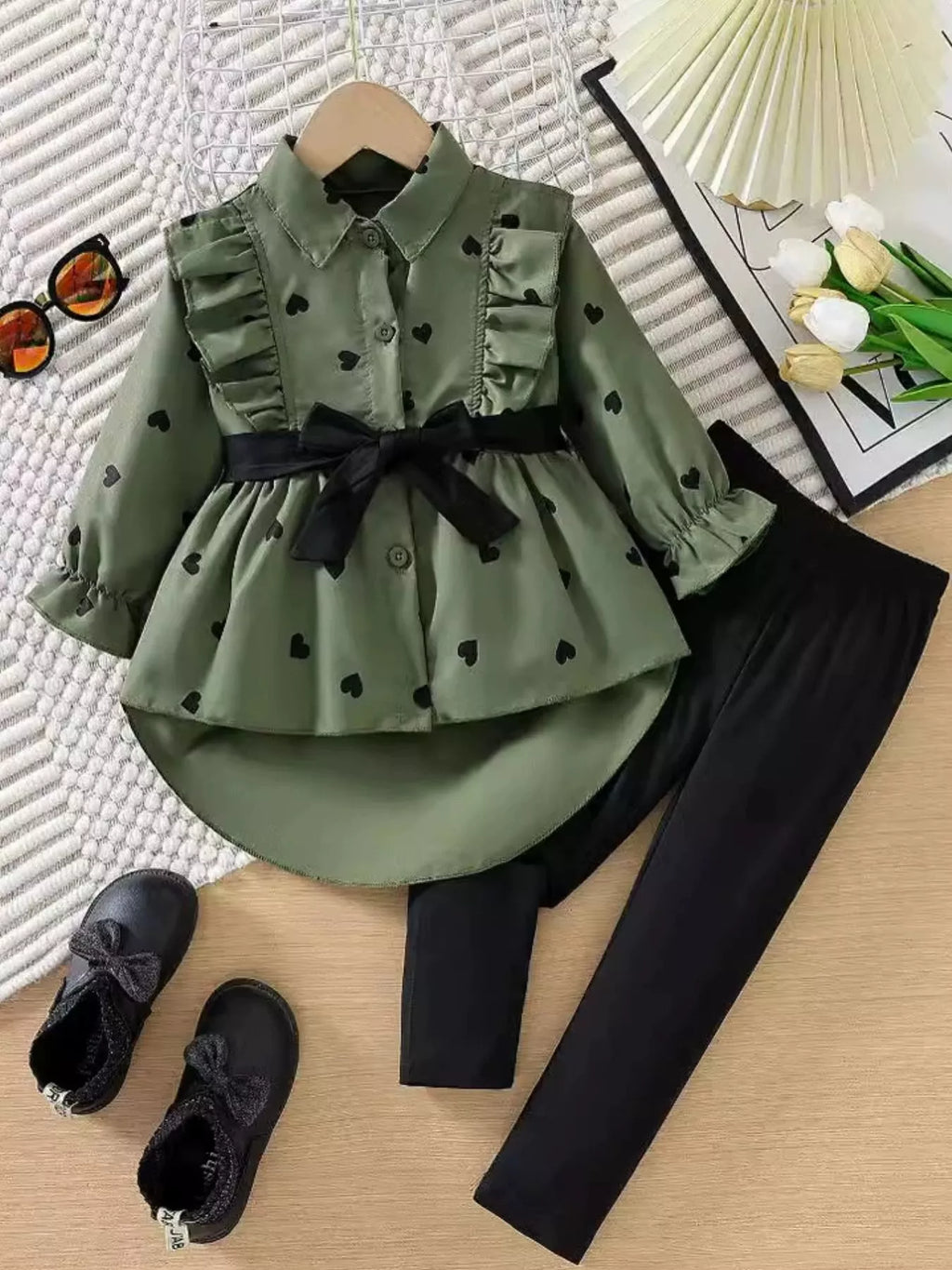 Children's Heart Print Ruffle Trim Shirt & Pants Set with Tie