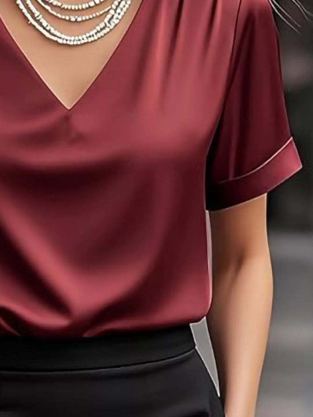 V-Neck Short Sleeve Satin Blouse