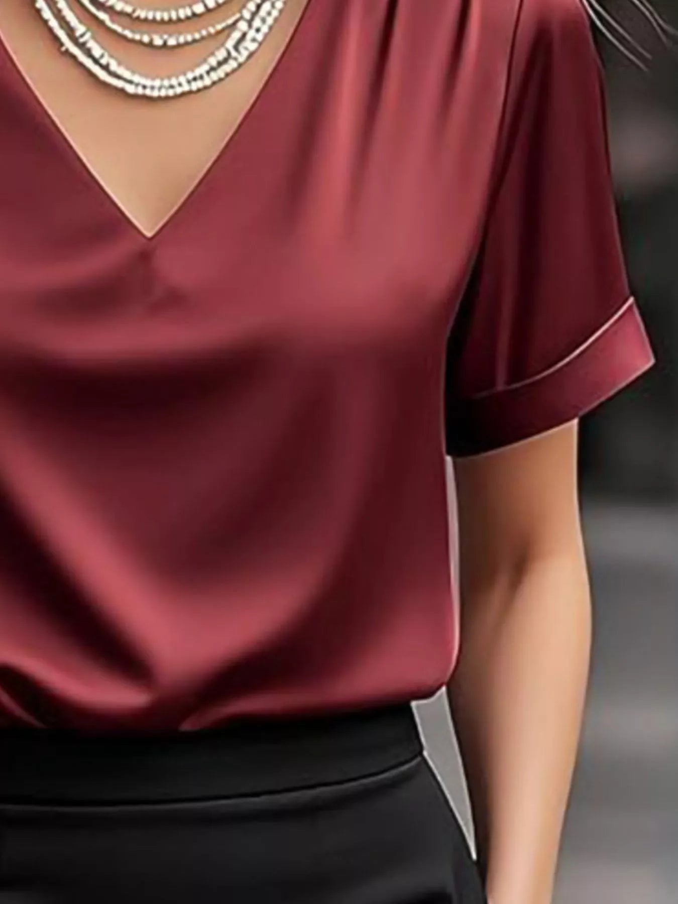 V-Neck Short Sleeve Satin Blouse
