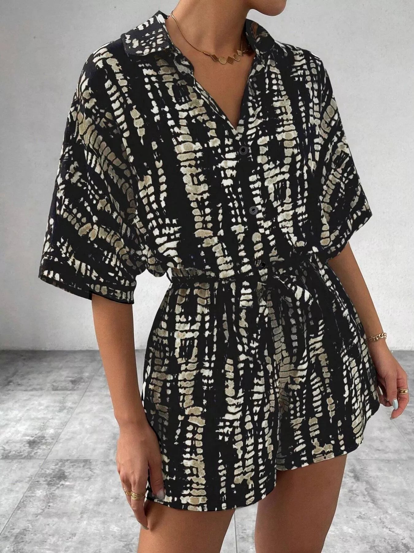 Striped Button-Up Belted Romper