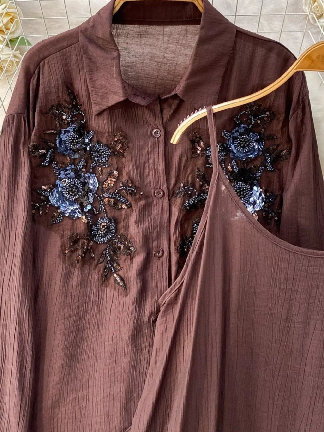Sequin Flower Button Up Shirt and Cami Dress Set