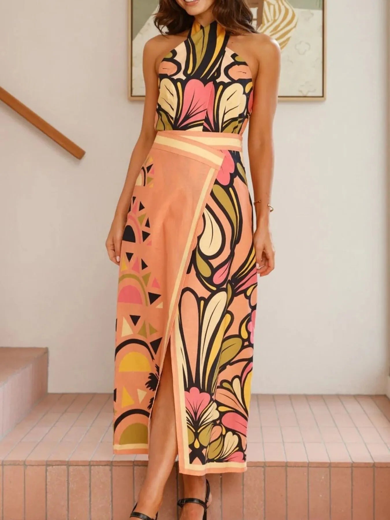 Printed Halter Neck Crop Top and Skirt Set