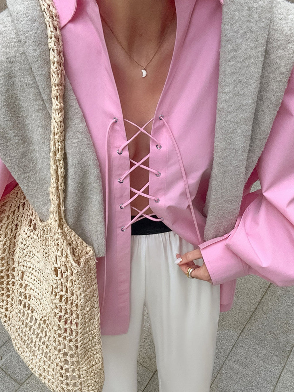Lace-Up Front Oversized Shirt