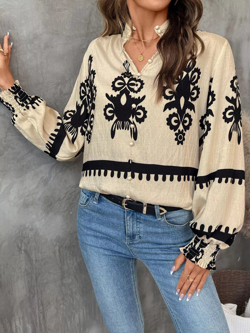 Printed Notched Lantern Sleeve Blouse