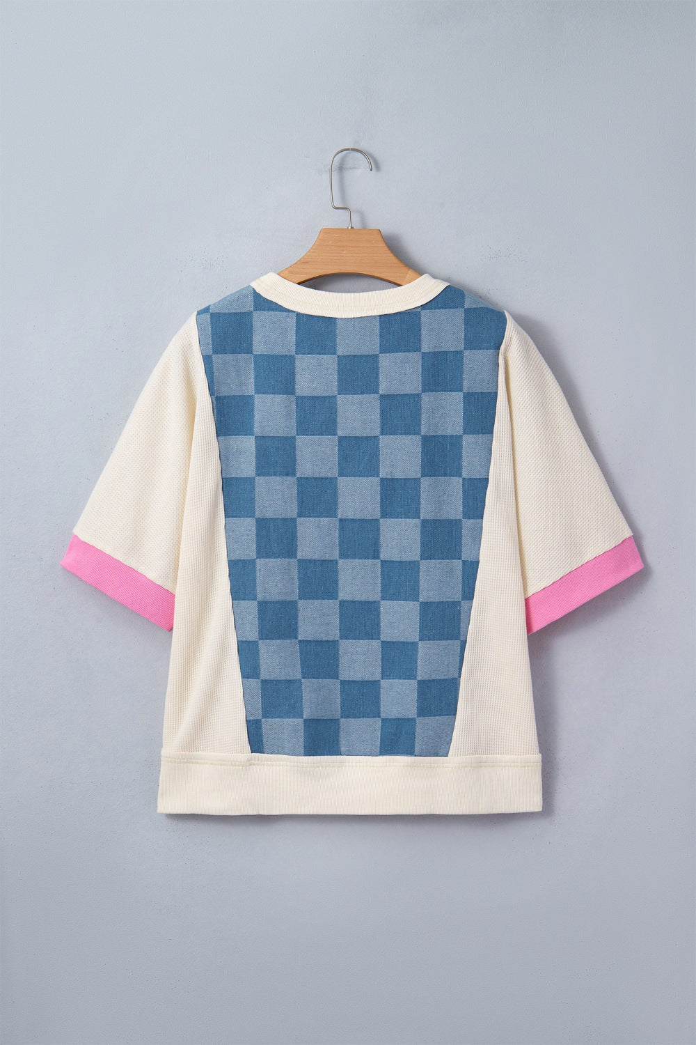 Checkered Denim Patchwork Short Sleeve Loose Top
