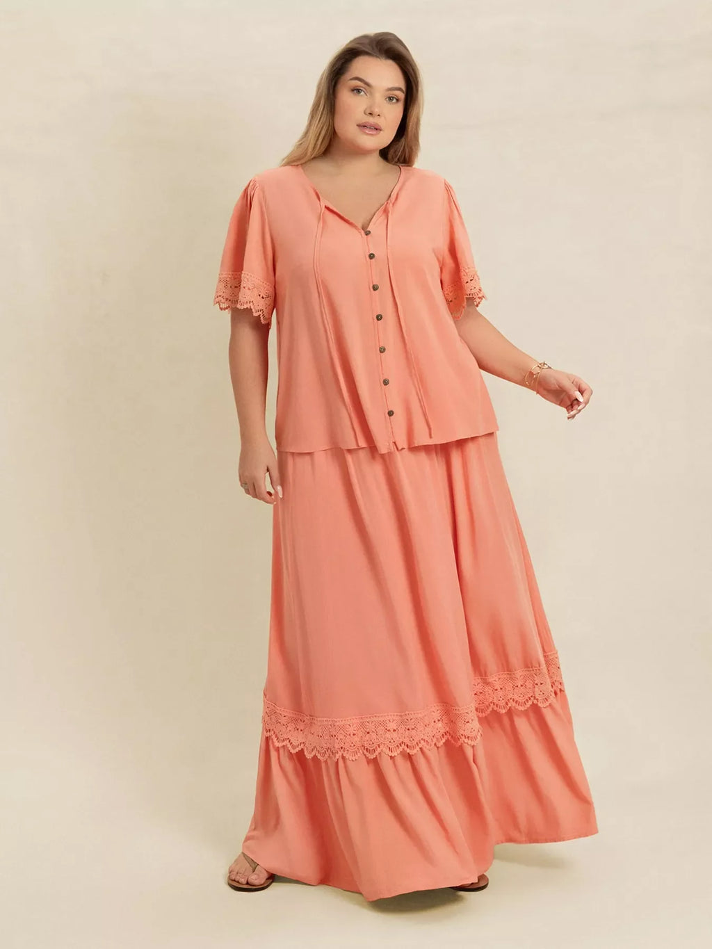 Plus Size Lace Detail Tie Neck Top and Skirt Set