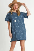 Umgee Full Size French Terry Short Sleeve Round Neck Dress Plus Size