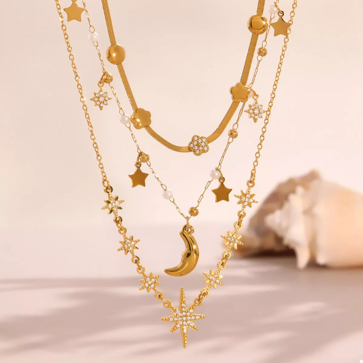 18K Gold-Plated Stainless Steel Zircon Star Moon Necklace
