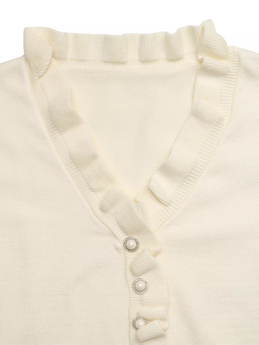 Ruffle Trim Pearl Button V-Neck Knit Top