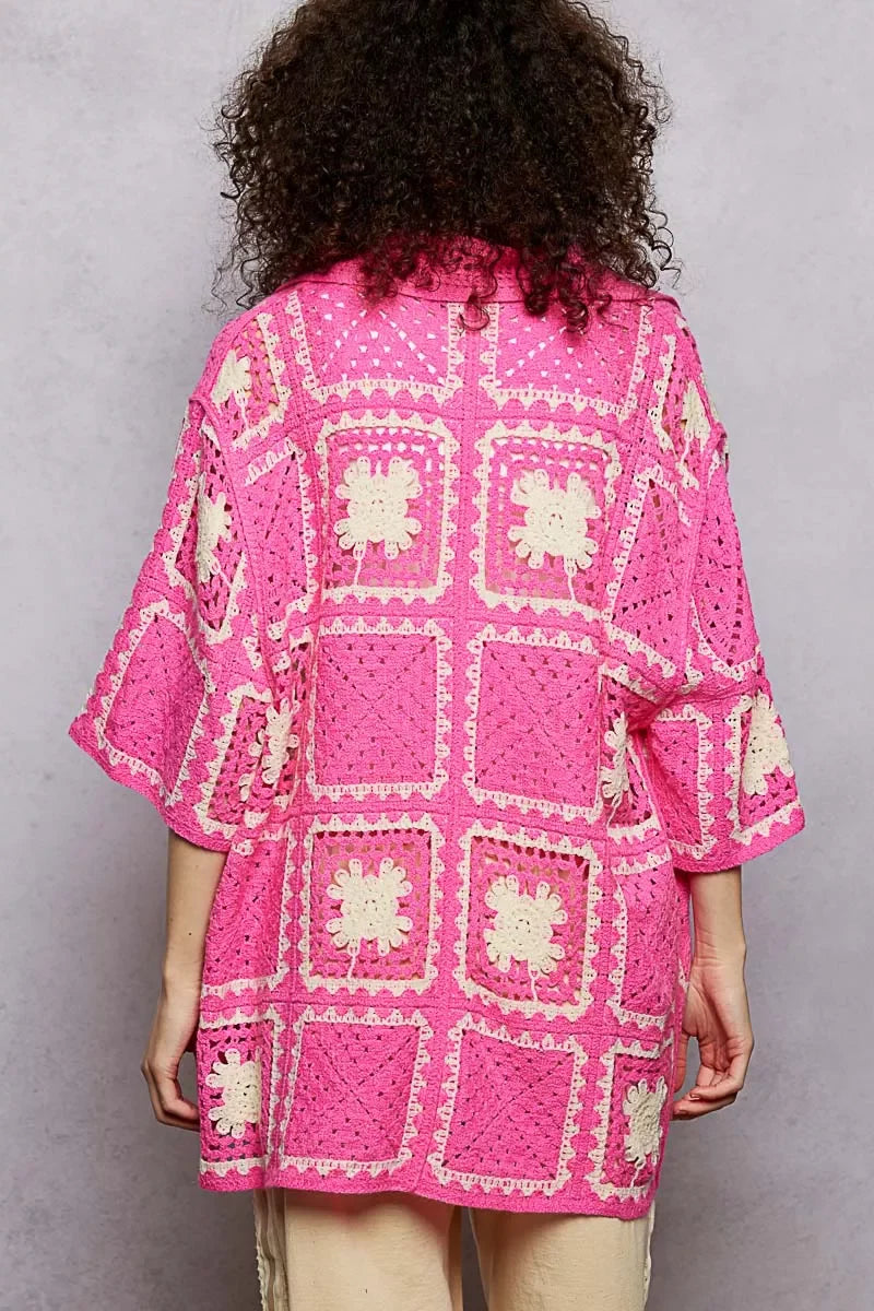 POL Button Down Openwork Floral Crochet Shirt with Granny Square Pattern