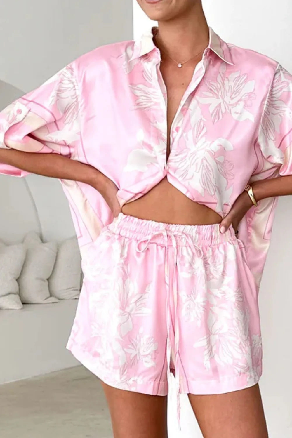 Printed Collared Neck Top and Shorts Set