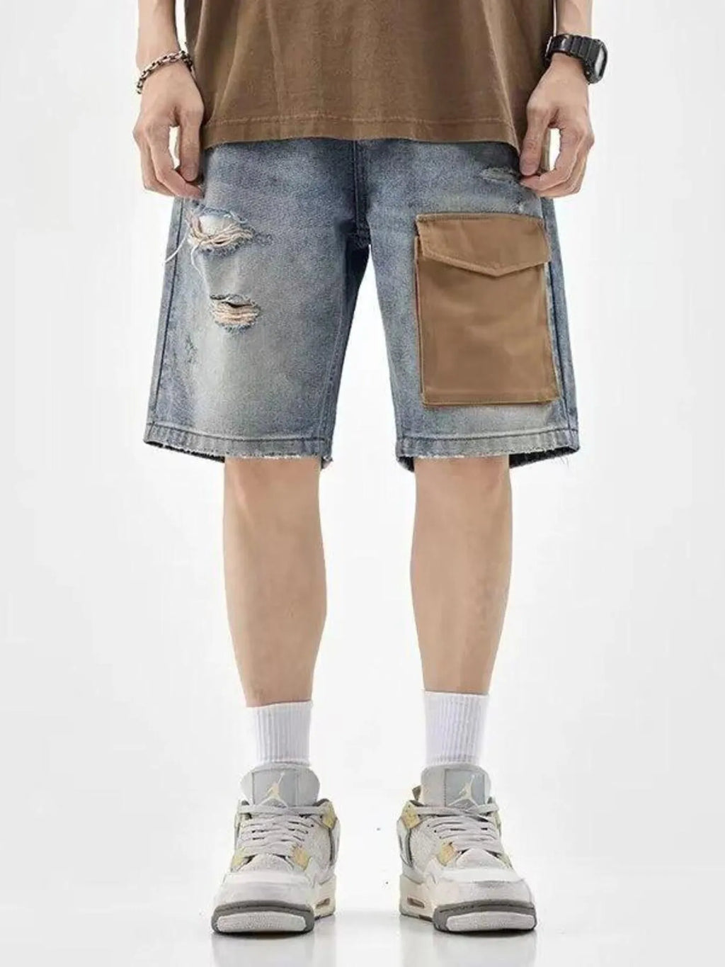 Men's Distressed Denim Shorts with Utility Pocket