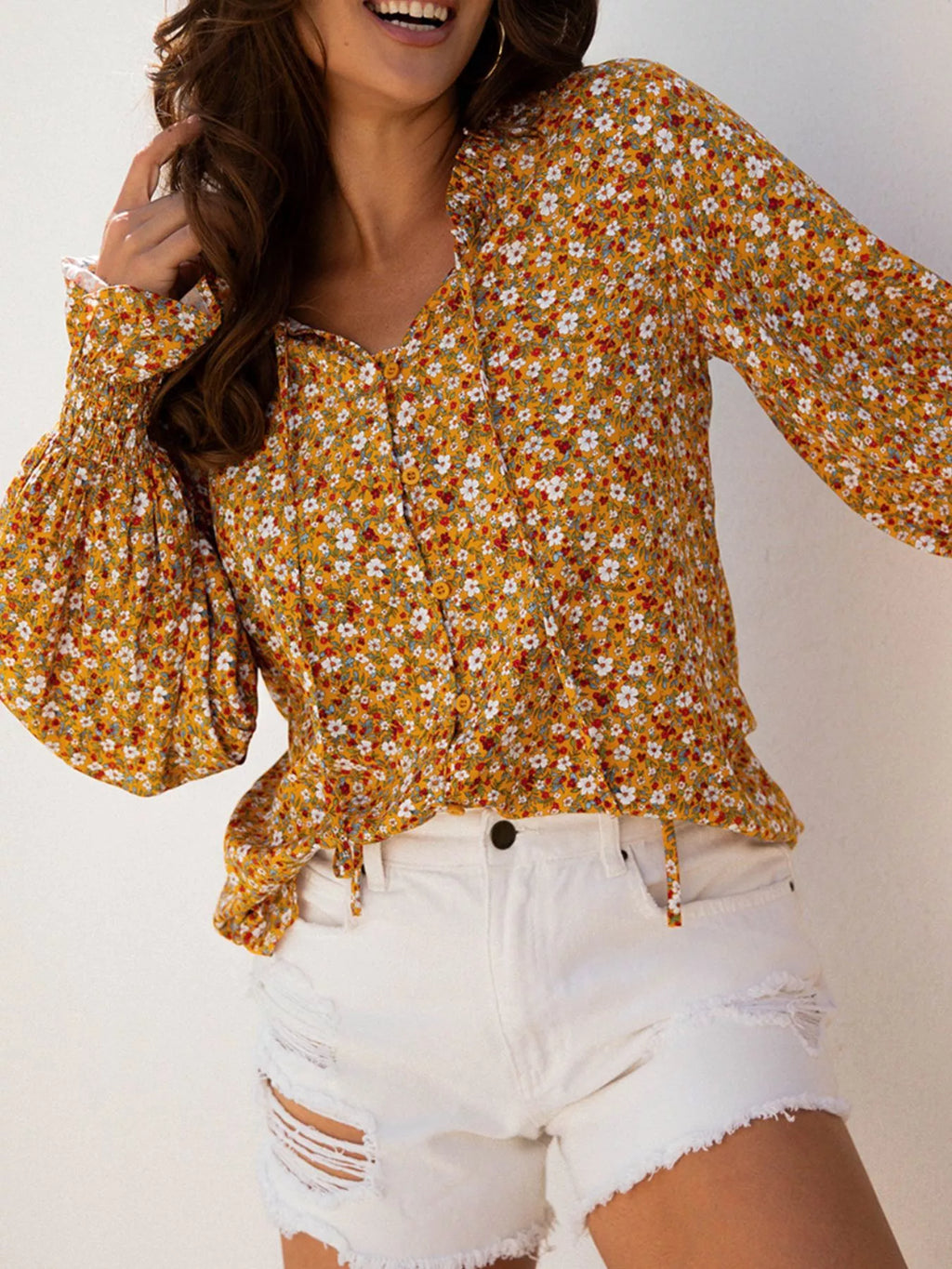 Floral Ruffled Bubble Sleeve Tie Neck Blouse