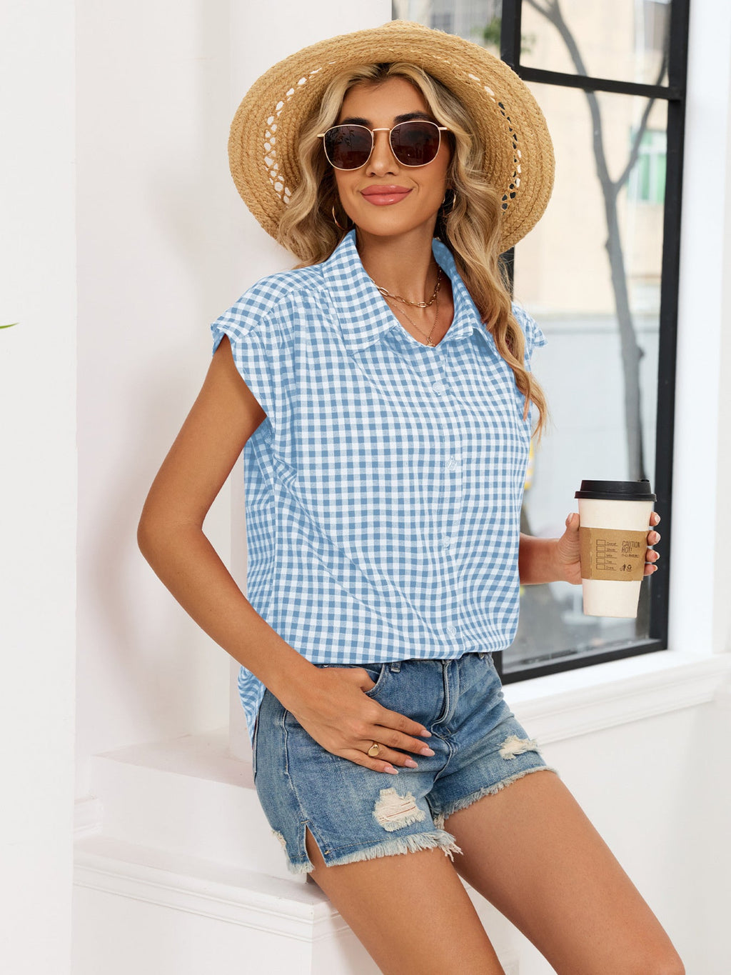 Plaid Button Up Cap Sleeve Shirt