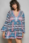 POL Striped Floral Long Sleeve Mini Dress with Pintuck Detail