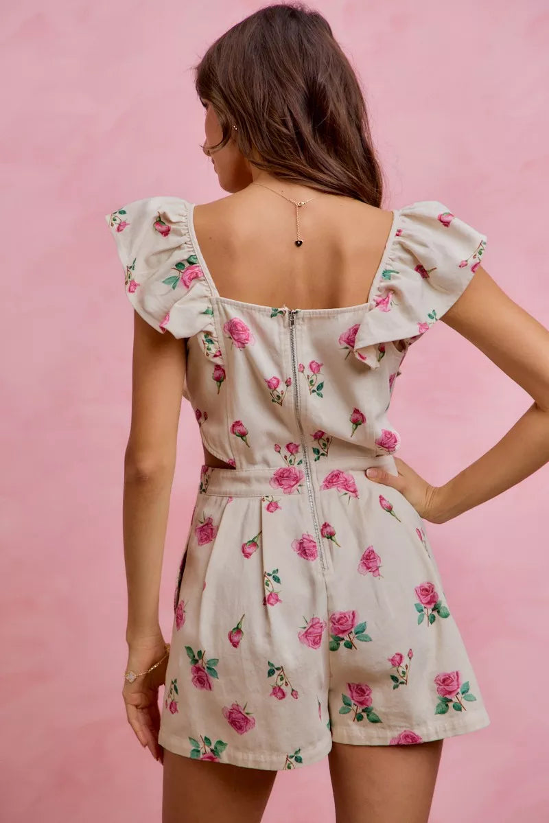 SO ME Floral Print Denim Cut Out Waist Ruffled Romper