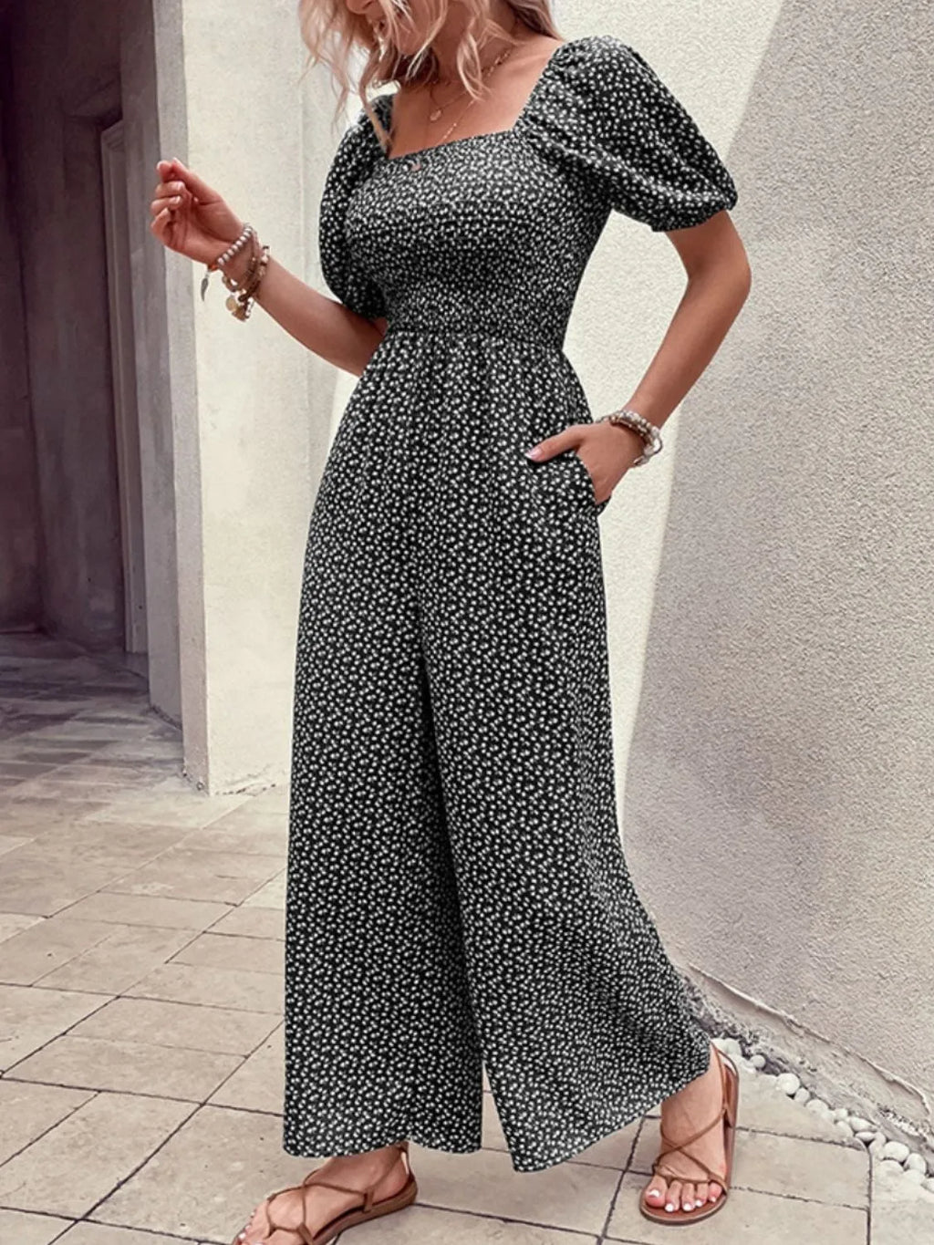 Printed Square Neck Puff Sleeve Jumpsuit