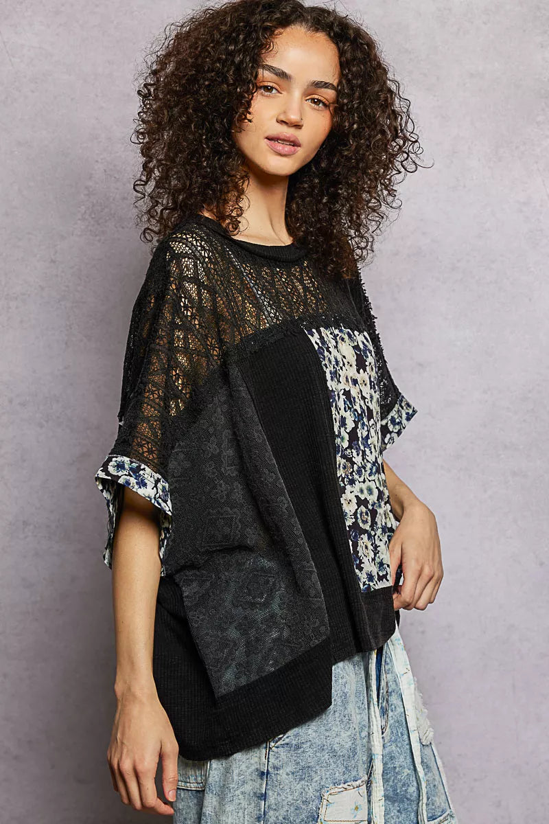 POL Floral Patchwork Lace Accent Blouse