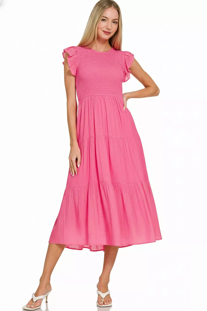 Zenana Woven Smocked Ruffle Sleeve Midi Dress