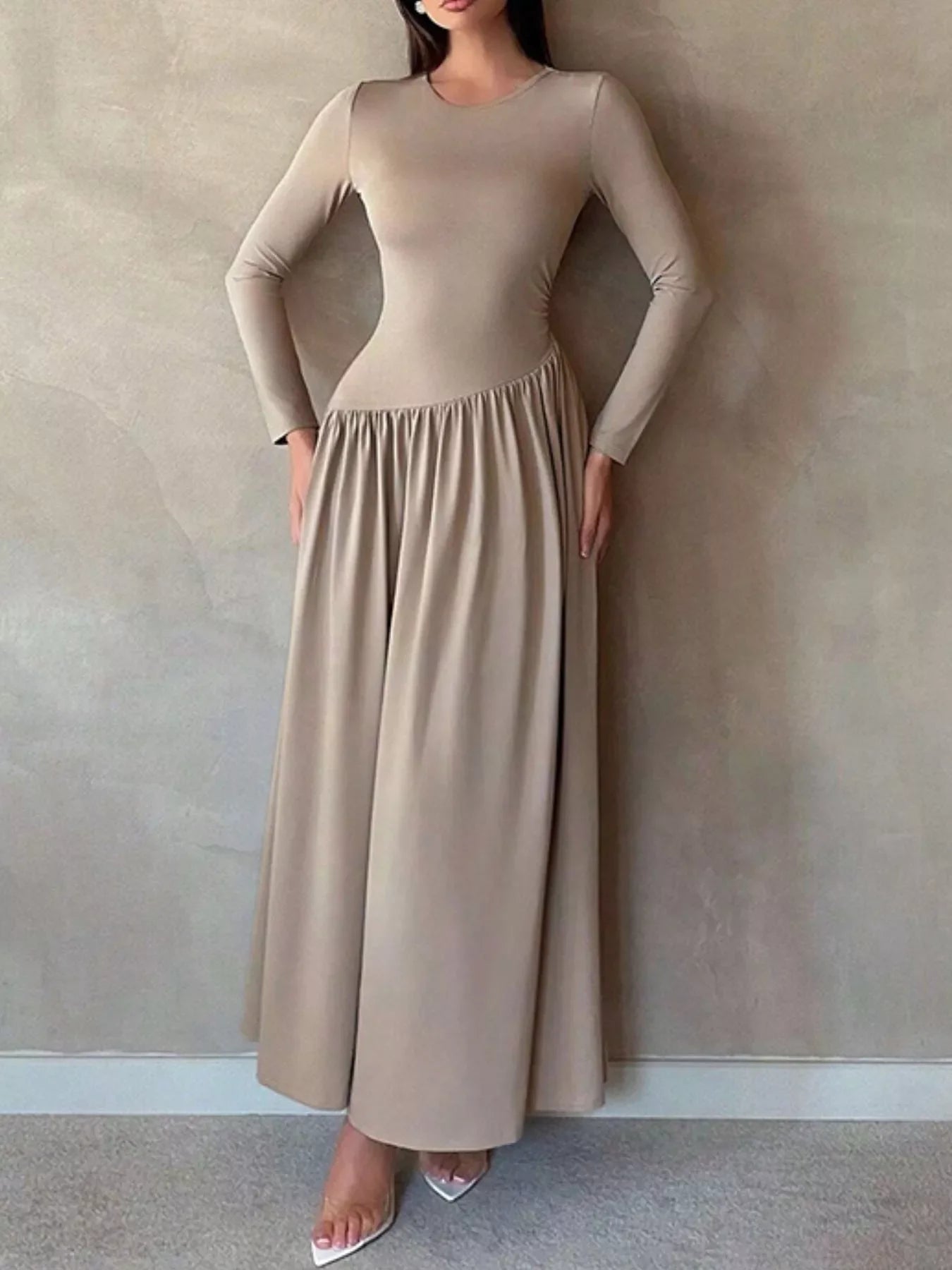 Long Sleeve Ruched A-Line Maxi Dress
