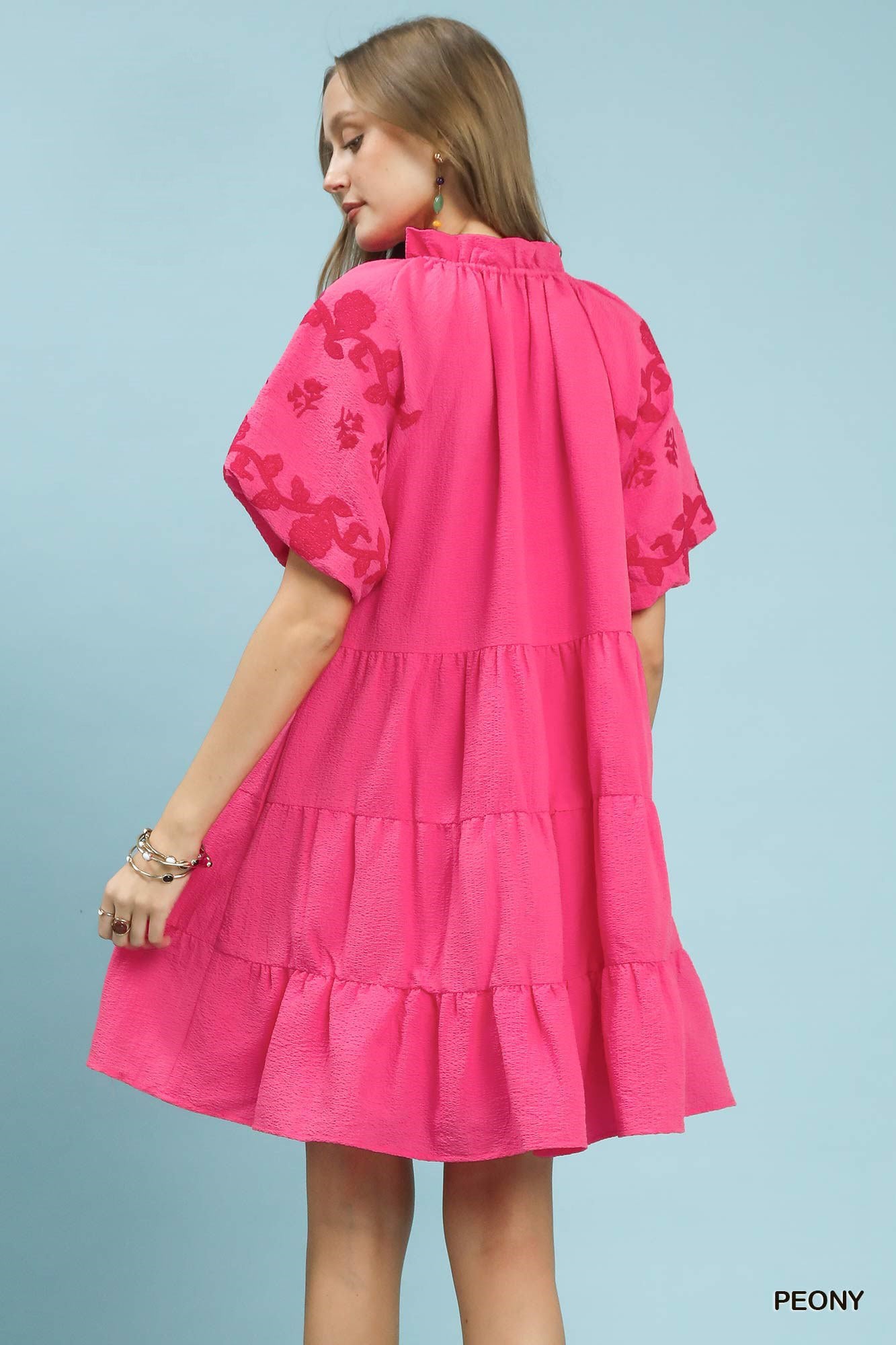 Umgee Embroidered Tiered Puff Sleeve Mini Dress