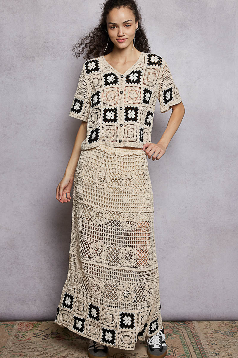 POL Floral Crochet Ruffled Waistband Maxi Skirt with Granny Square Weave