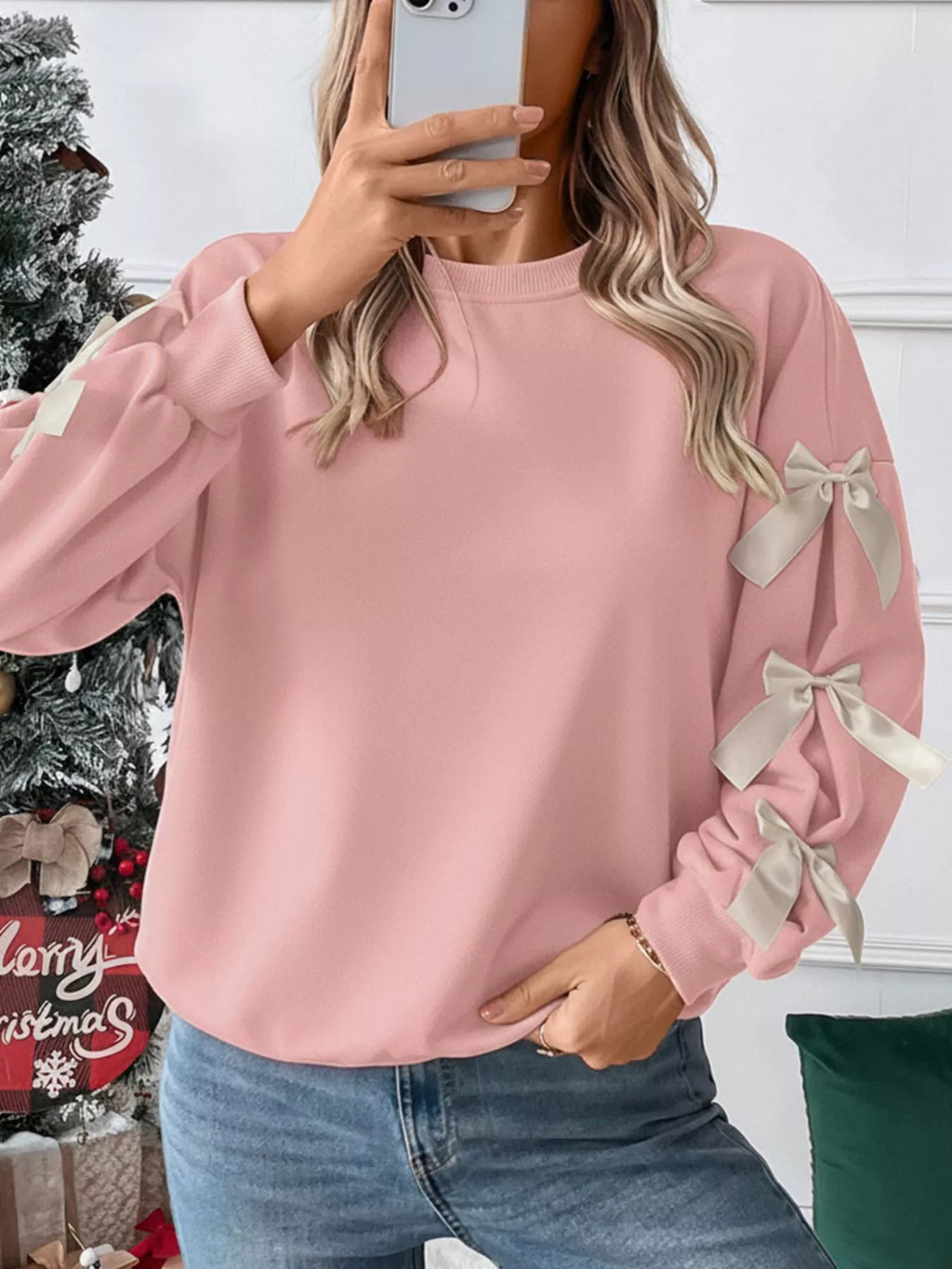Bowknot Sleeve Round Neck Sweatshirt