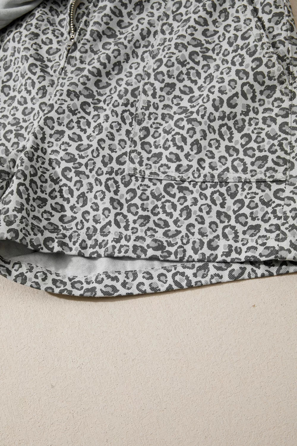 Leopard Print Elastic Waist Denim Shorts