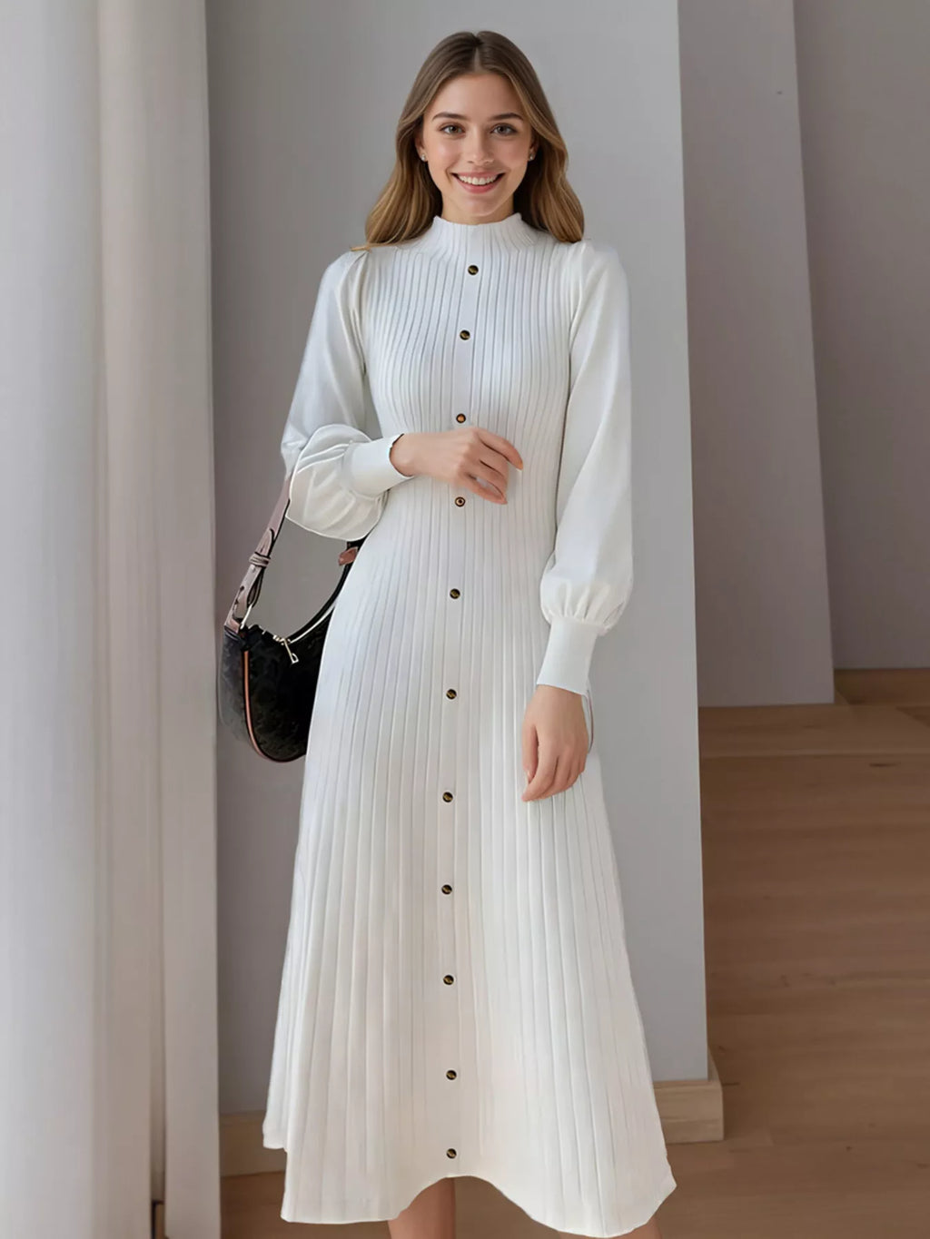 Ribbed Knit Mock Neck Midi Dress
