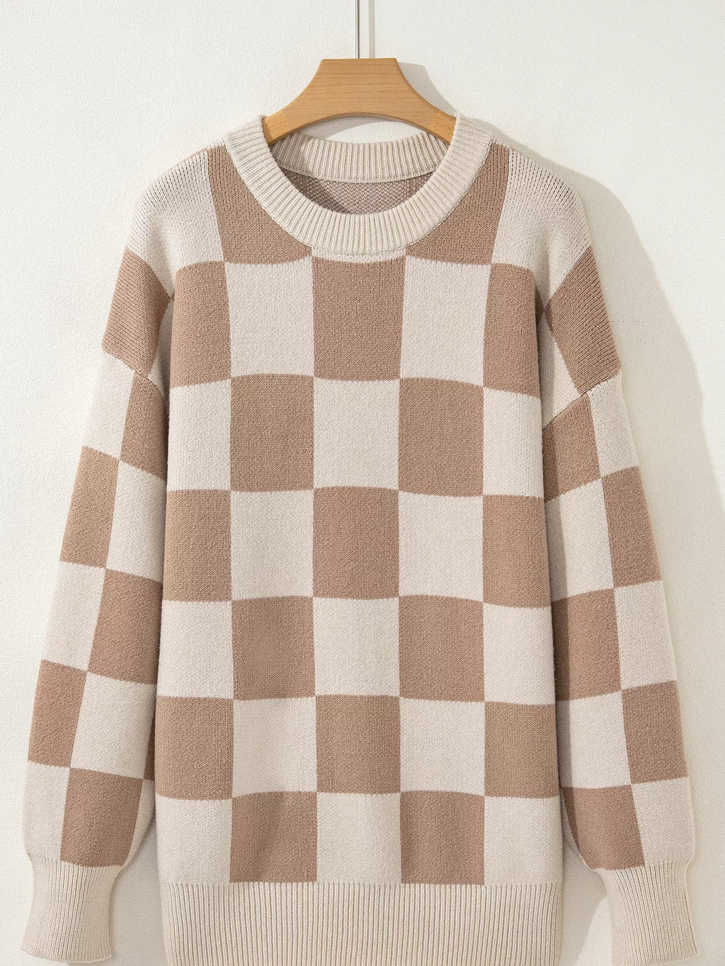 Checkered Pattern Ribbed Trim Knit Baggy Sweater
