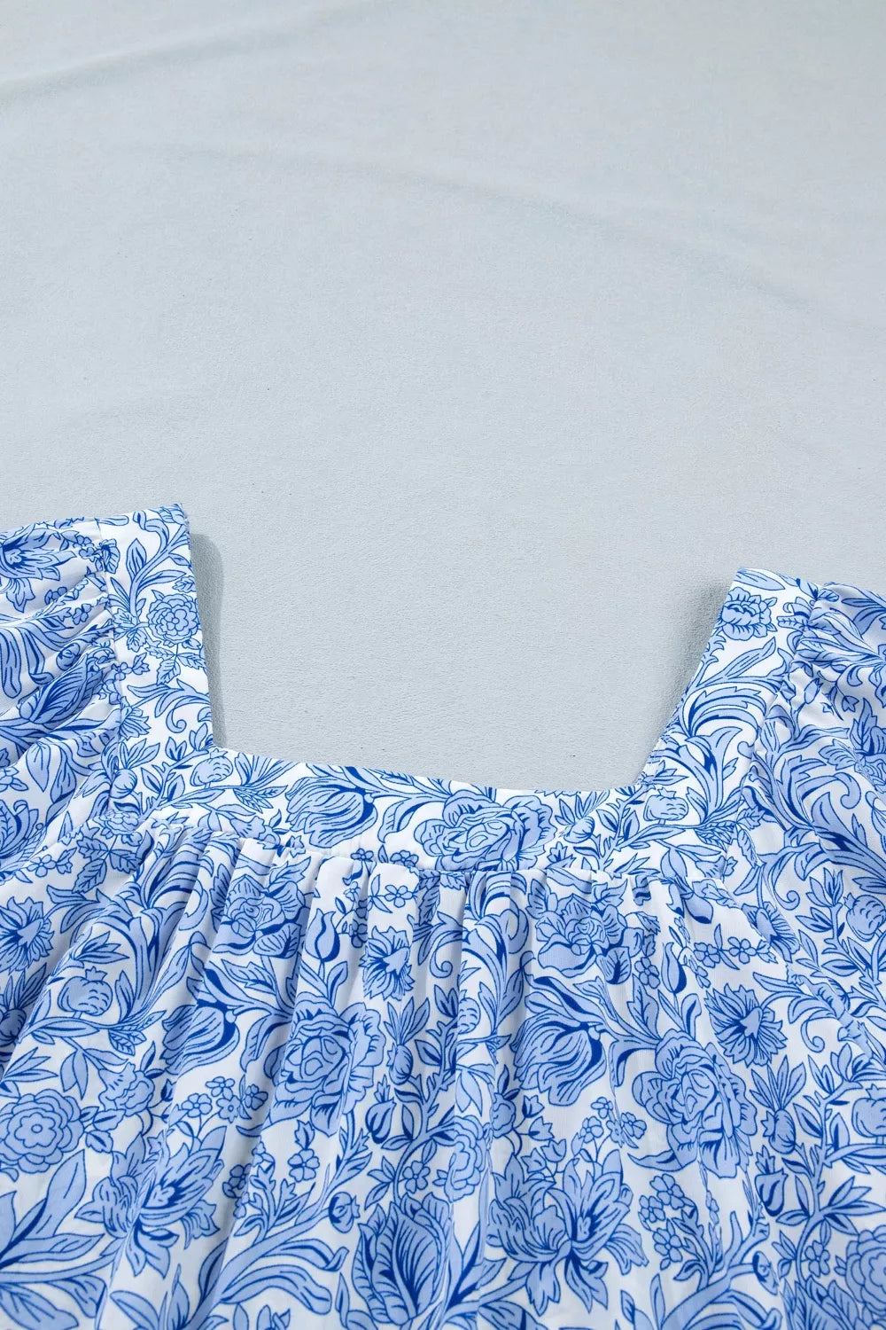 Square Neck Short Puff Sleeve Pleated Floral Blouse