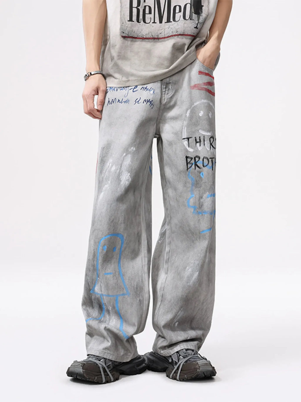 Men's Distressed Graffiti Print Wide Leg Jeans