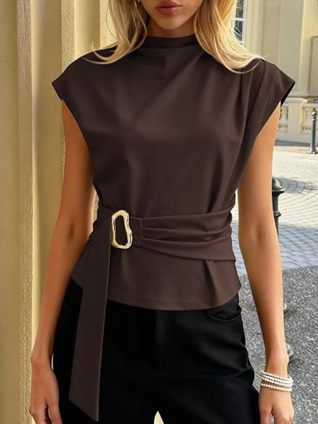 Mock Neck Cap Sleeve Buckle Top