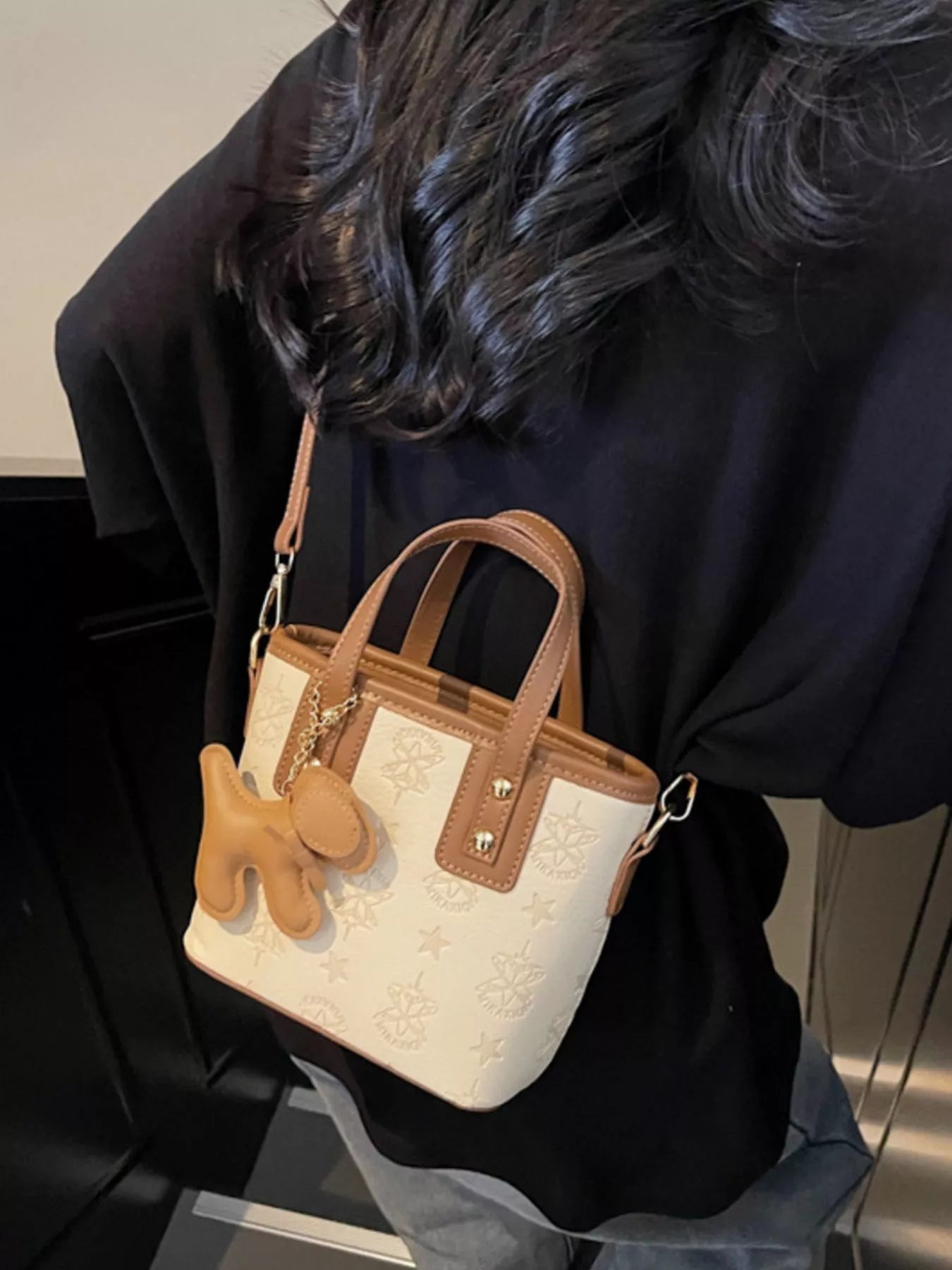 Embossed Pattern Dog Charm Crossbody Bag