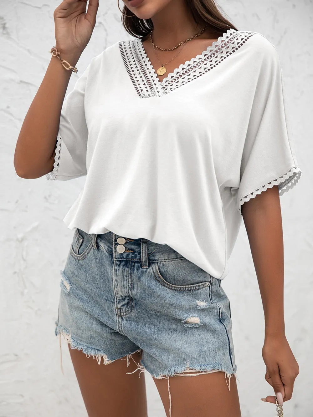 Ivy Lane Lace Detail V-Neck T-Shirt