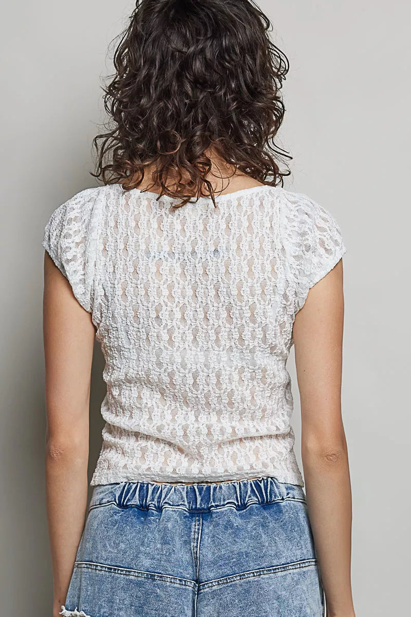 POL Sweetheart Neck Lace Short Sleeve Top