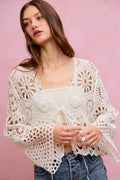 SO ME Floral Pattern Crochet Knit Tie Front Crop Cardigan
