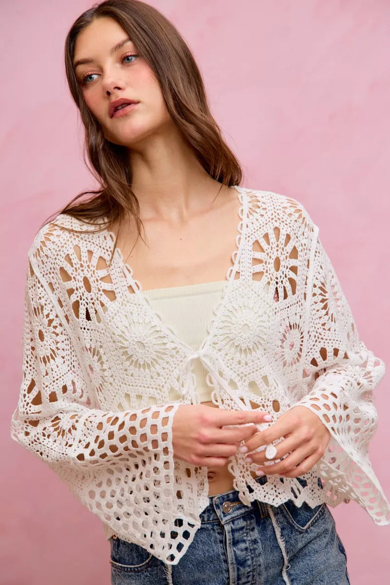 SO ME Floral Pattern Crochet Knit Tie Front Crop Cardigan