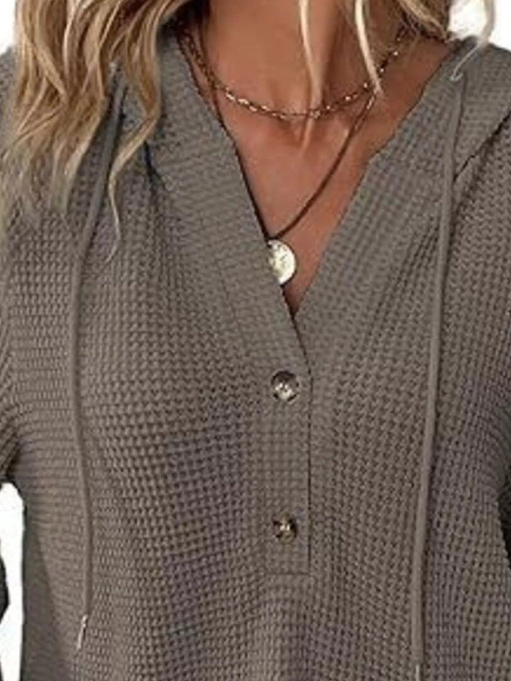 Full Size Button Detail Waffle Knit Hoodie Plus Size