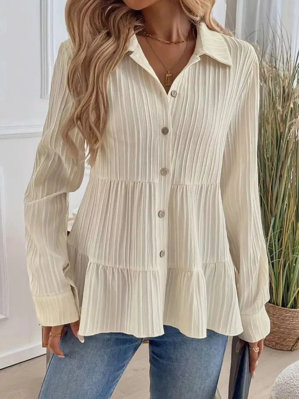 Button-Down Long Sleeve Tiered Shirt