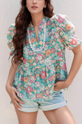Multicolour Notched Neck Puff Short Sleeve Floral Blouse