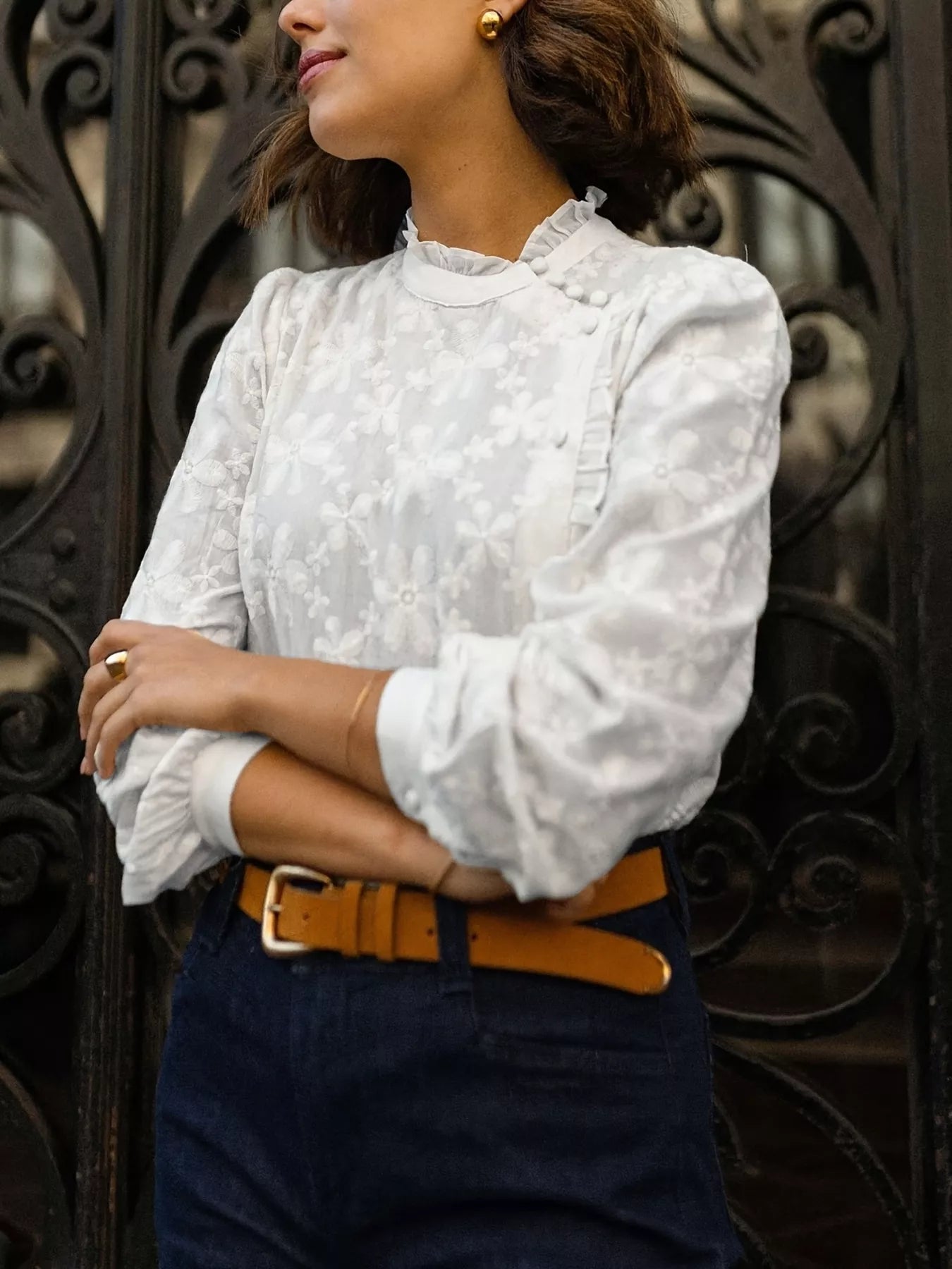 Floral Embroidered Ruffle Trim Blouse