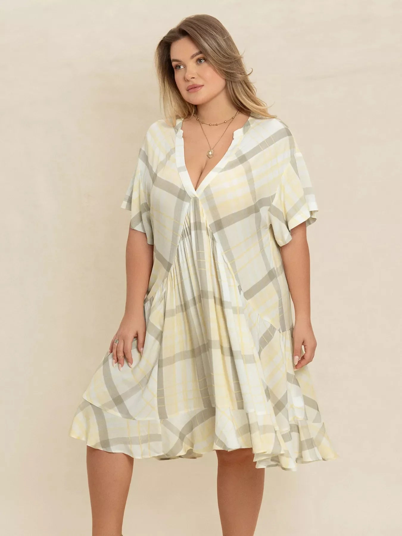 Plus Size Plaid Flutter Sleeve Dress