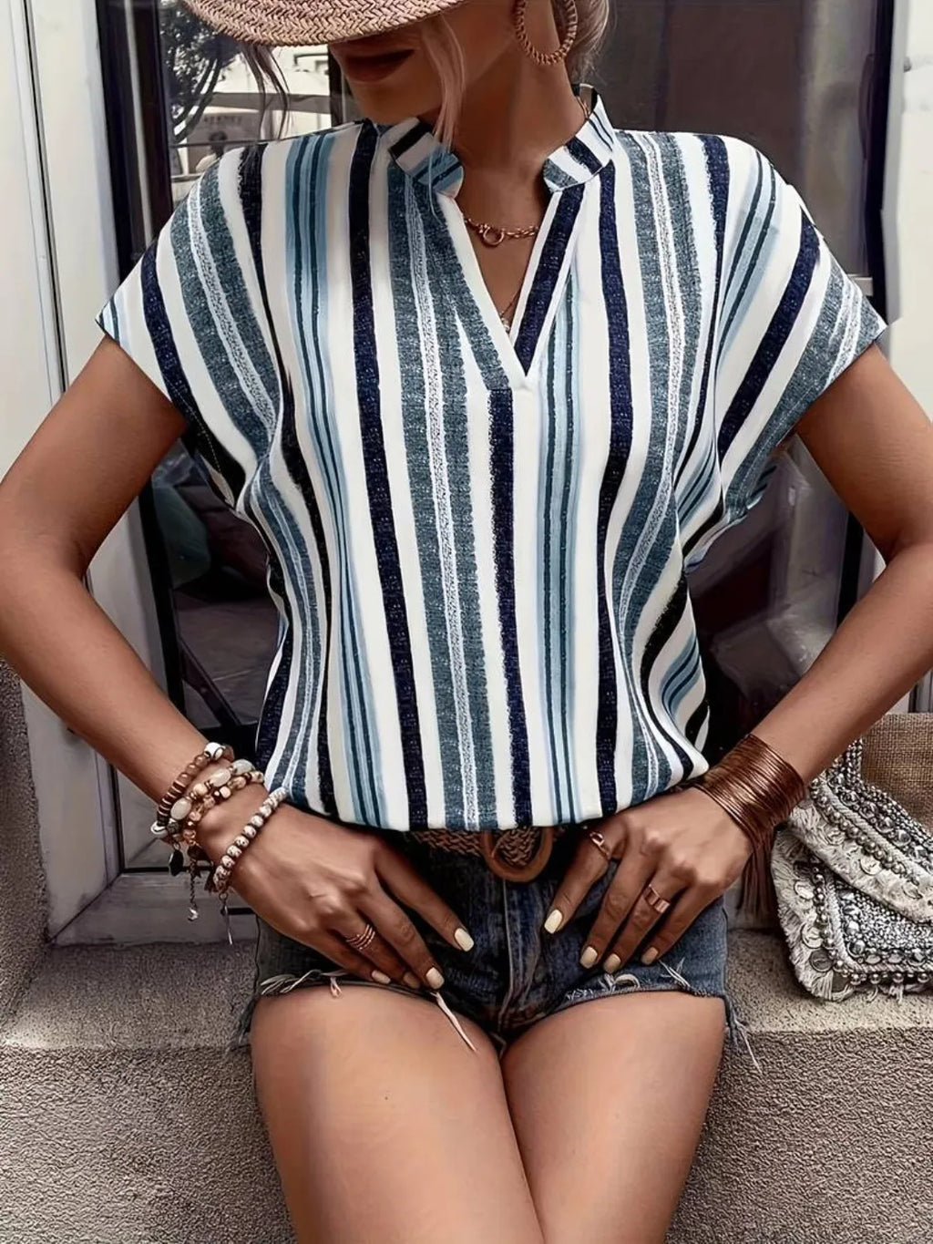 Striped Notched Short Sleeve Shirt