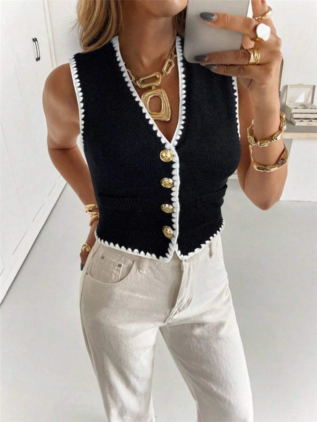 Contrast Trim Button Up Sweater Vest