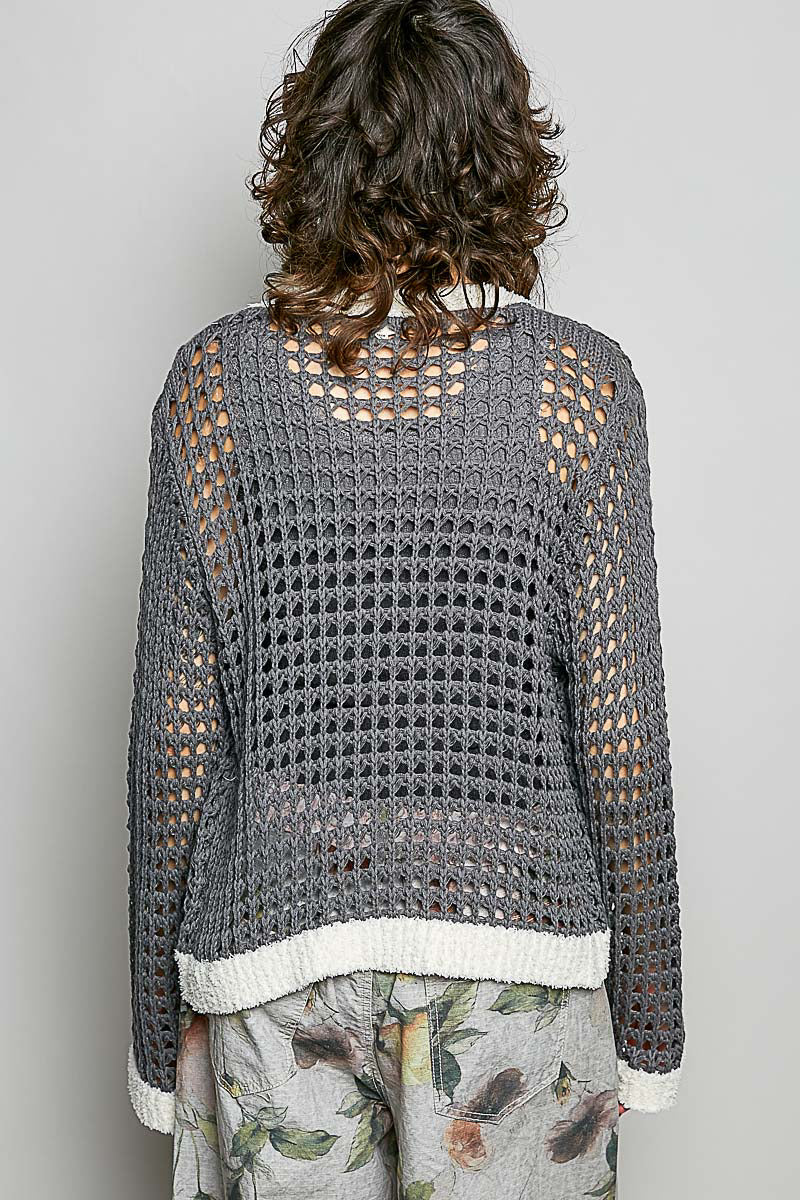 POL Openwork Contrast Cardigan with Floral Metal Button